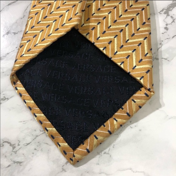 Versace Gold Orange Striped Zigzag Medusa Tie EUC